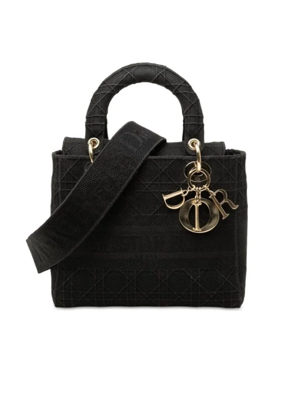 Dior Cannage Lady Delight Medium 2-Way Shoulder Bag Black Canvas